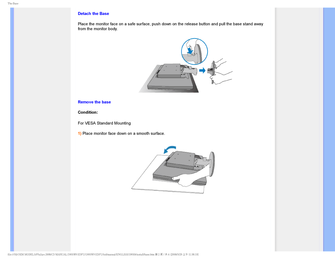 Philips 190SW9 user manual Detach the Base, Condition 