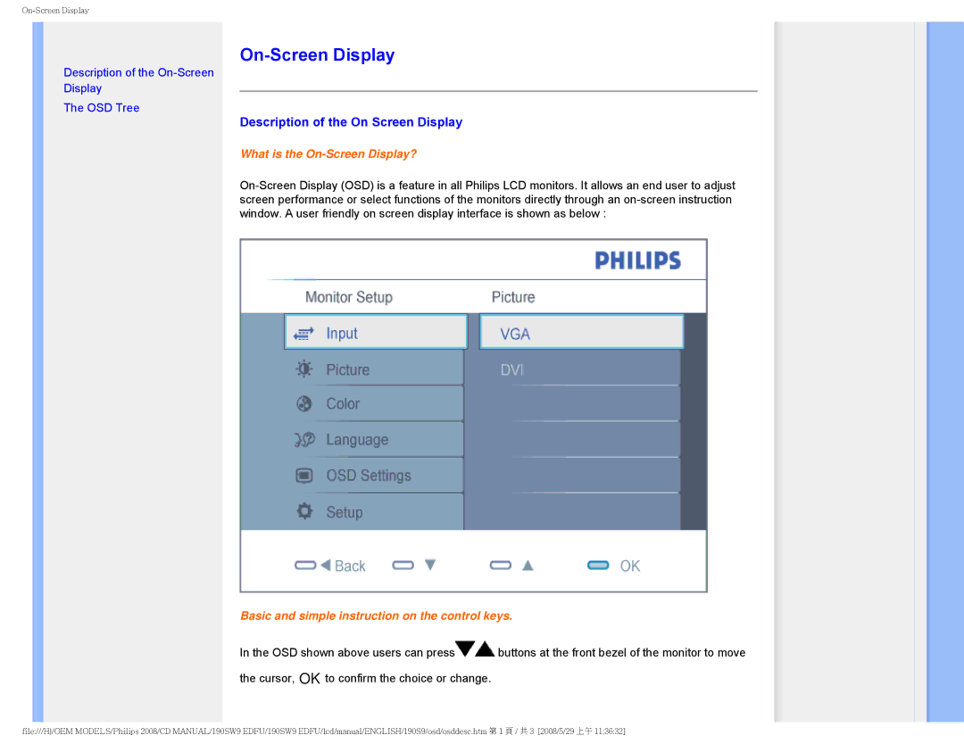 Philips 190SW9 user manual On-Screen Display, Description of the On Screen Display 