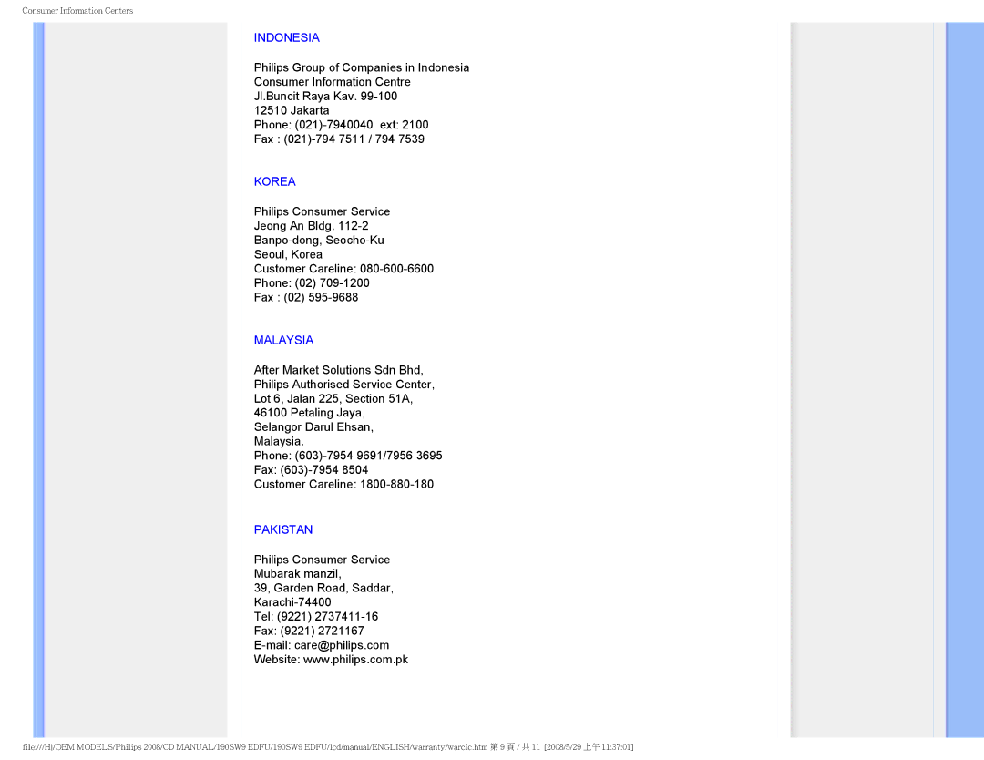 Philips 190SW9 user manual Indonesia, Korea, Malaysia, Pakistan 