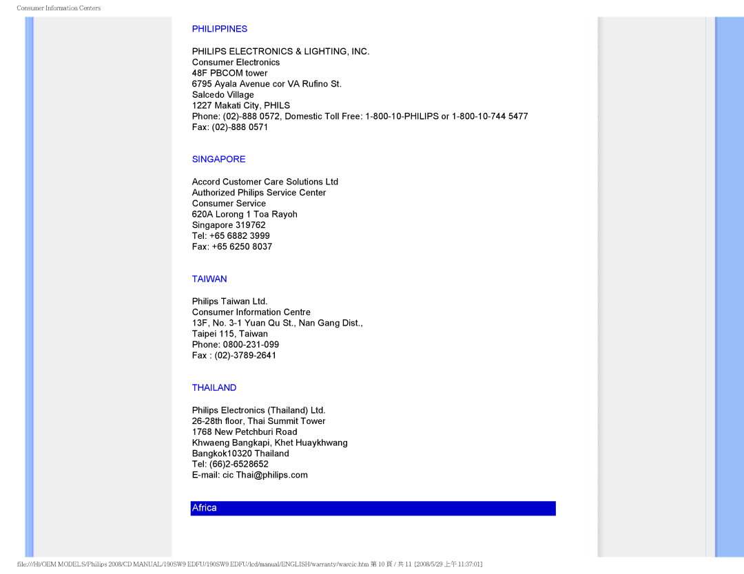 Philips 190SW9 user manual Philippines, Singapore, Taiwan, Thailand 