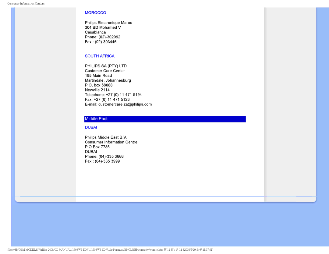 Philips 190SW9 user manual Morocco, South Africa, Dubai 