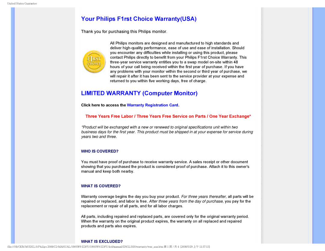 Philips 190SW9 user manual Your Philips F1rst Choice WarrantyUSA, Limited Warranty Computer Monitor 