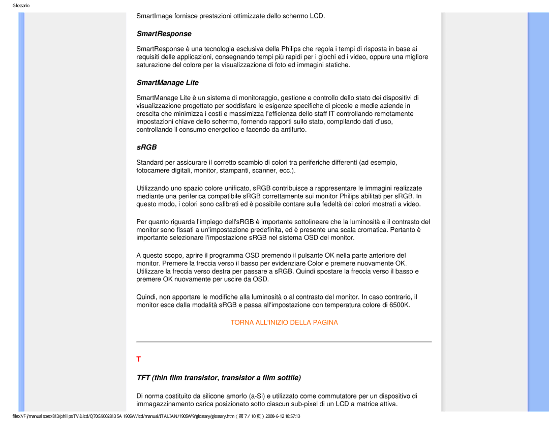 Philips 190SW9 user manual SmartResponse, SmartManage Lite, Srgb, TFT thin film transistor, transistor a film sottile 