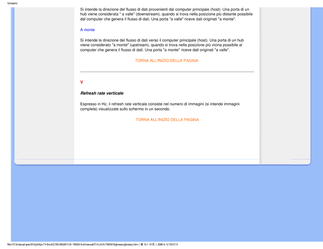 Philips 190SW9 user manual Refresh rate verticale, Monte 