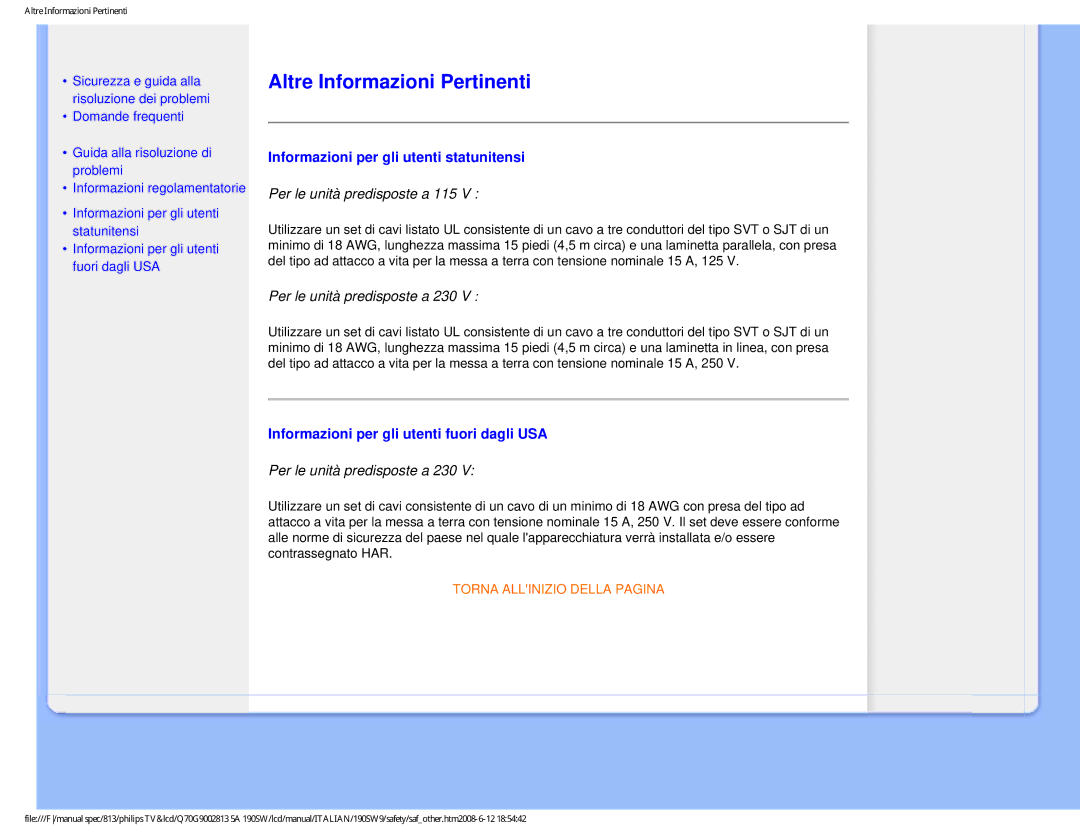 Philips 190SW9 user manual Altre Informazioni Pertinenti, Informazioni per gli utenti statunitensi 