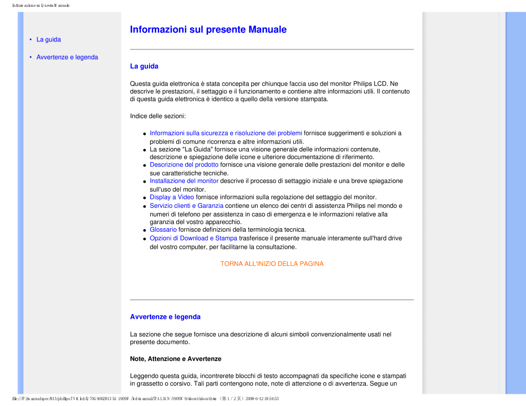 Philips 190SW9 user manual Informazioni sul presente Manuale, La guida, Avvertenze e legenda 