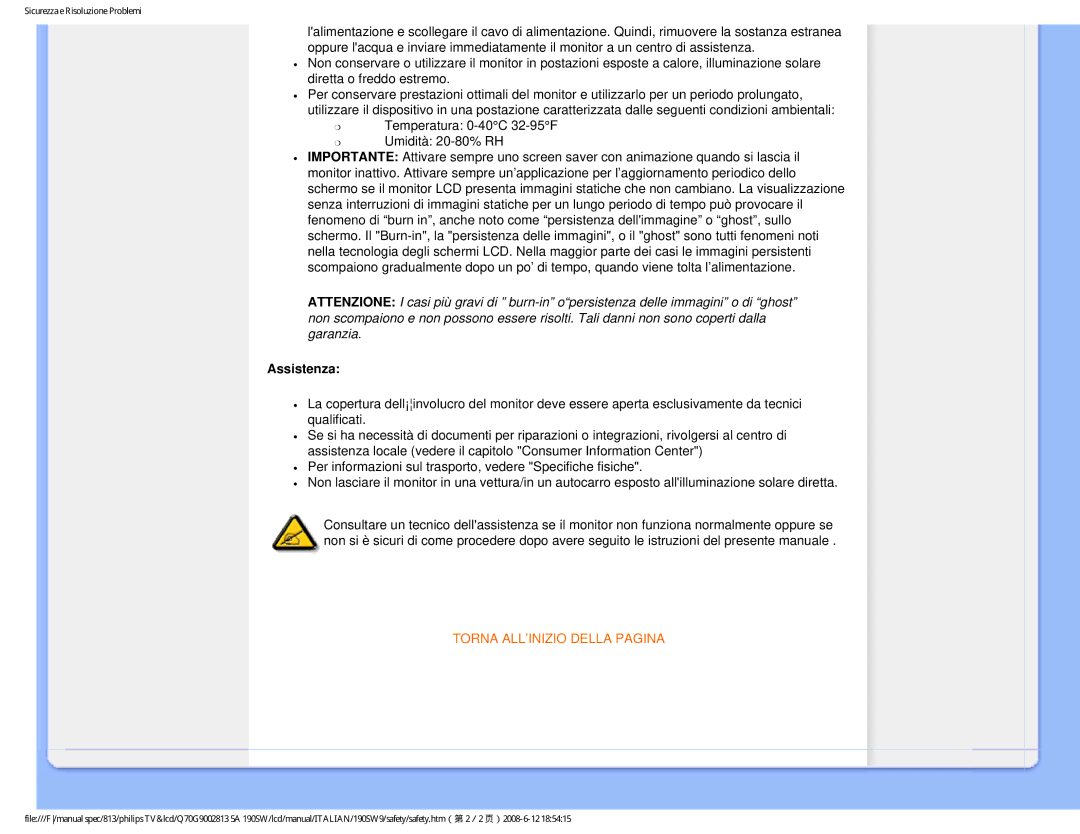 Philips 190SW9 user manual Assistenza, Torna ALL’INIZIO Della Pagina 
