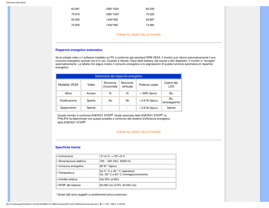 Philips 190SW9 user manual Risparmio energetico automatico, Specifiche fisiche 