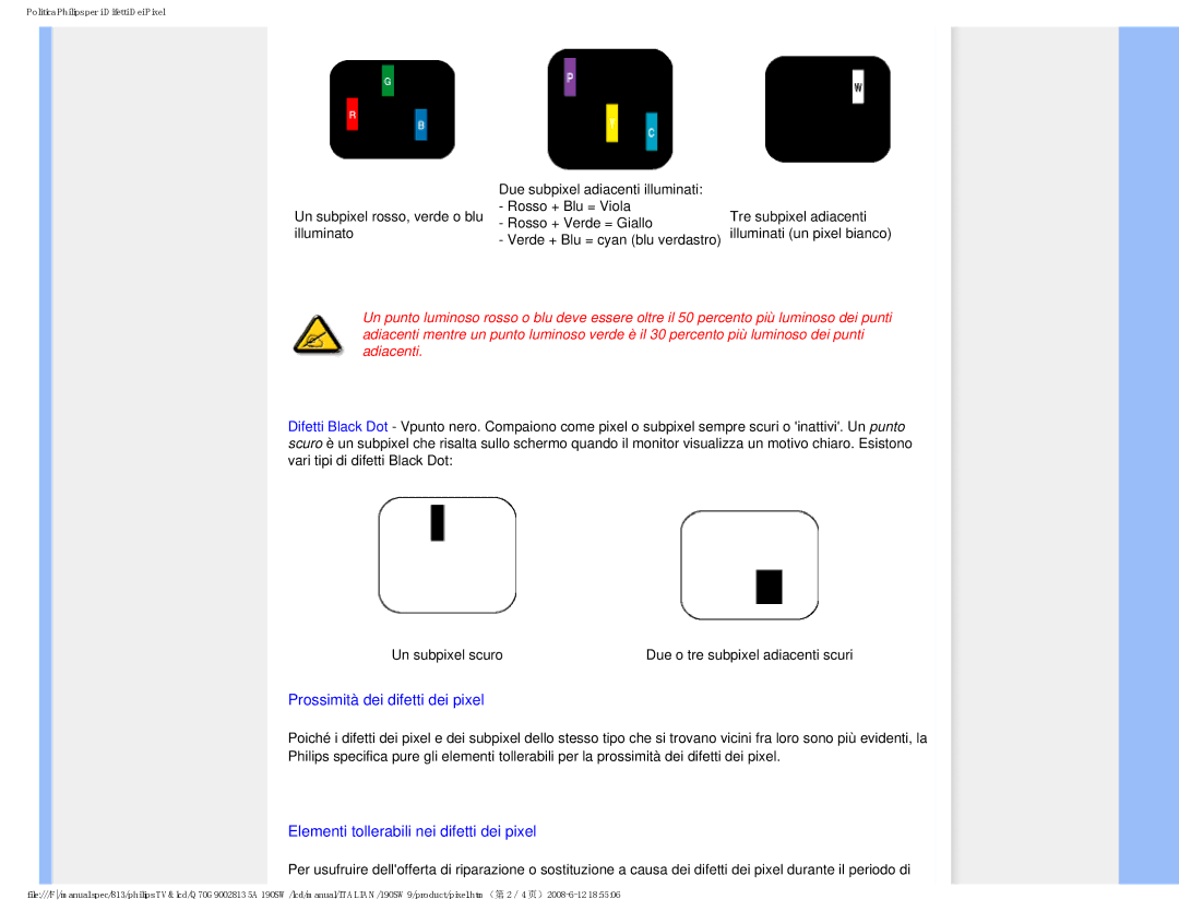 Philips 190SW9 user manual Prossimità dei difetti dei pixel 