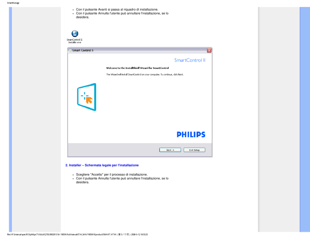 Philips 190SW9 user manual Installer Schermata legale per linstallazione 