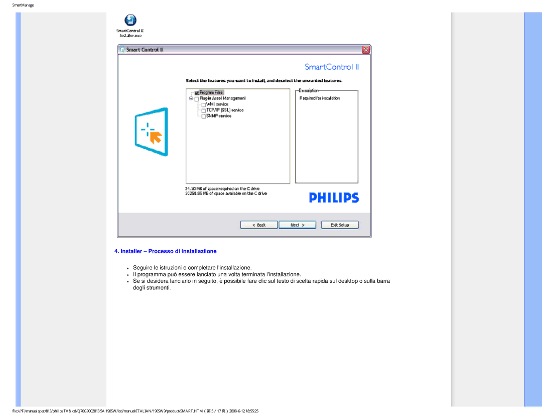 Philips 190SW9 user manual Installer Processo di installaziione 