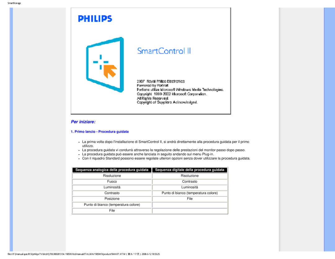 Philips 190SW9 user manual Per iniziare, Primo lancio Procedura guidata 