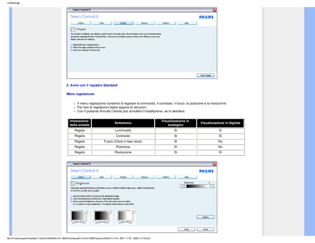 Philips 190SW9 user manual Avvio con il riquadro Standard Menu regolazione, Visualizzazione 