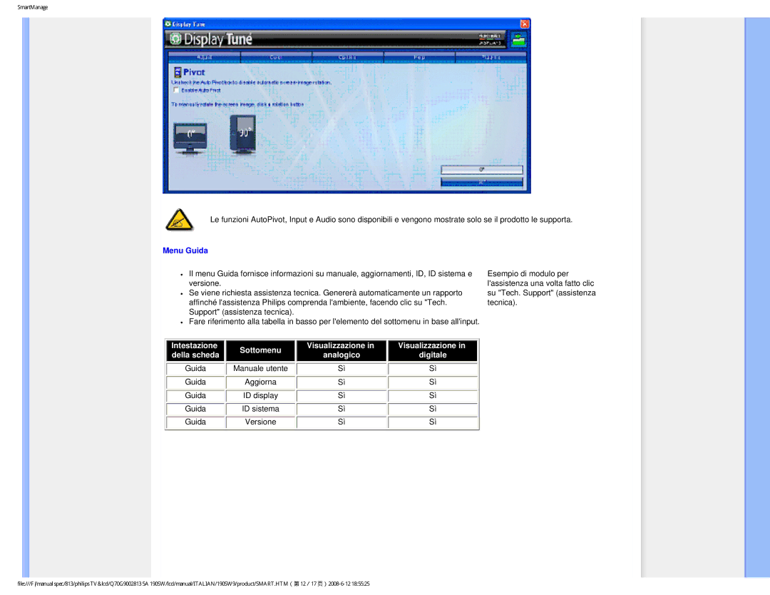 Philips 190SW9 user manual Menu Guida, Guida ID display ID sistema 