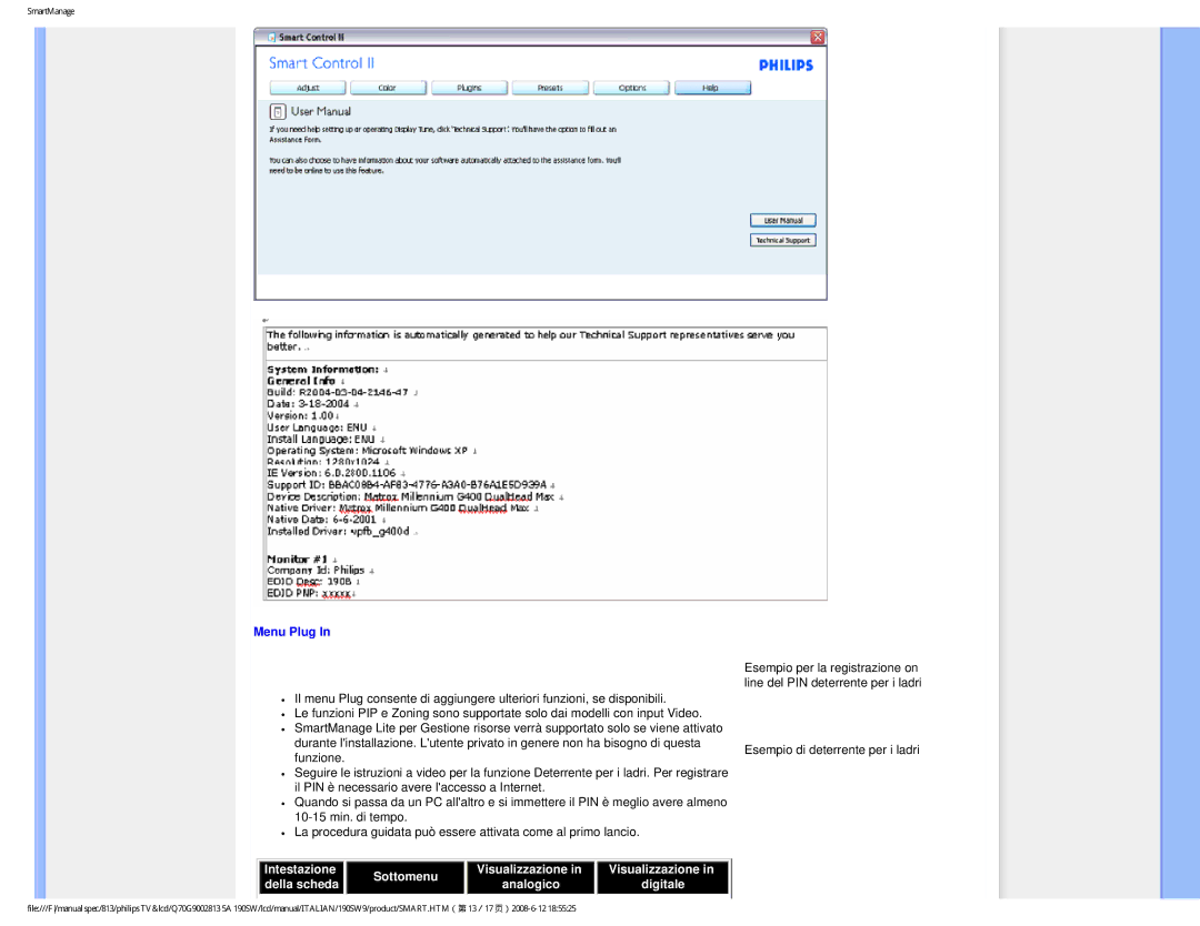 Philips 190SW9 user manual Menu Plug, Della scheda 