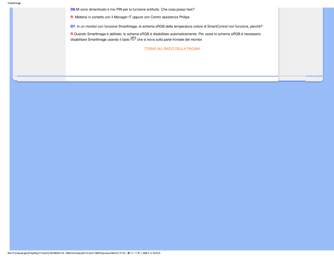Philips 190SW9 user manual Torna Allinizio Della Pagina 