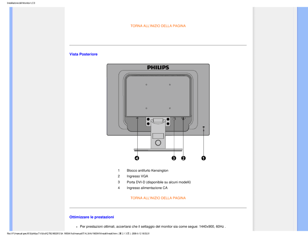 Philips 190SW9 user manual Vista Posteriore 