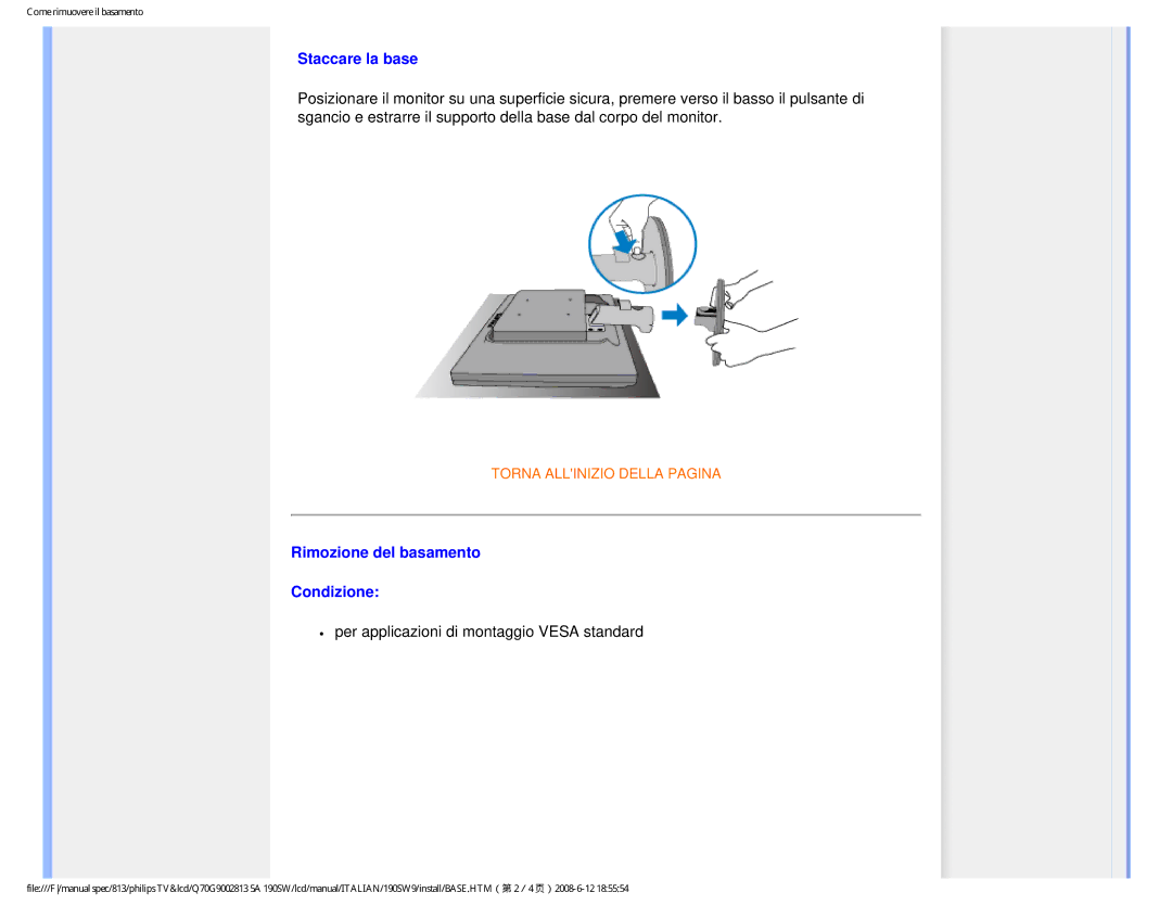 Philips 190SW9 user manual Staccare la base, Rimozione del basamento Condizione 