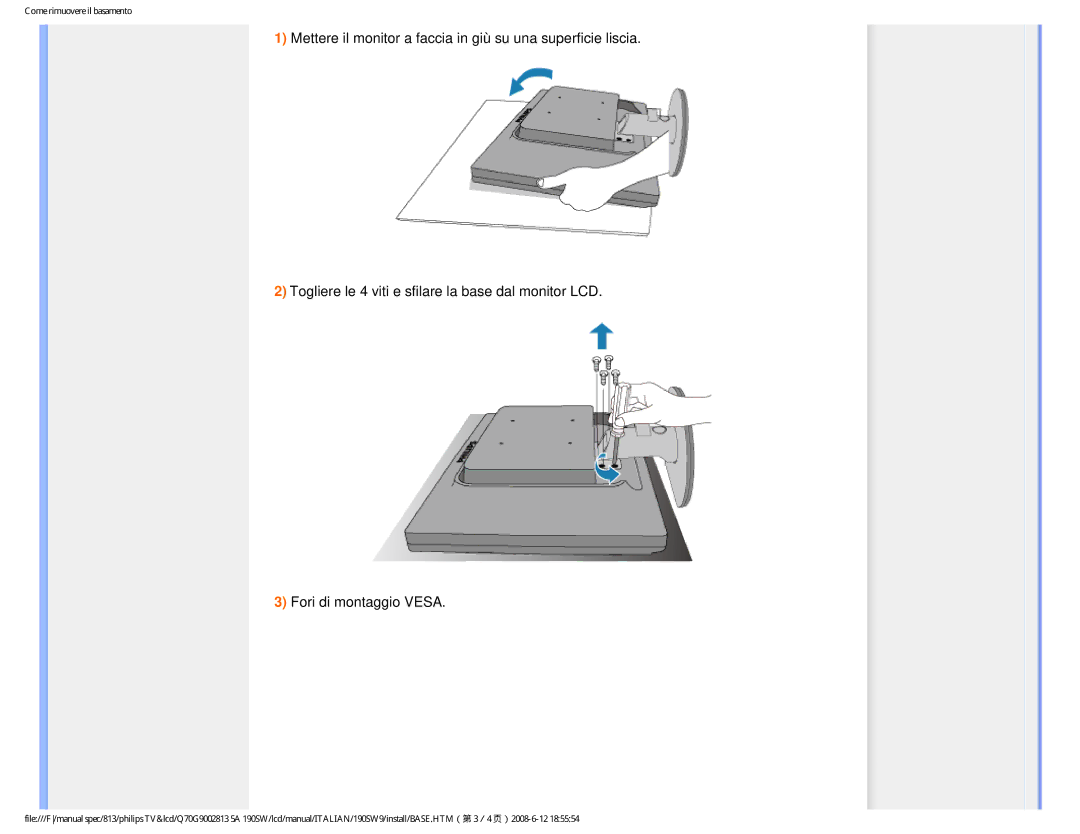 Philips 190SW9 user manual Come rimuovere il basamento 