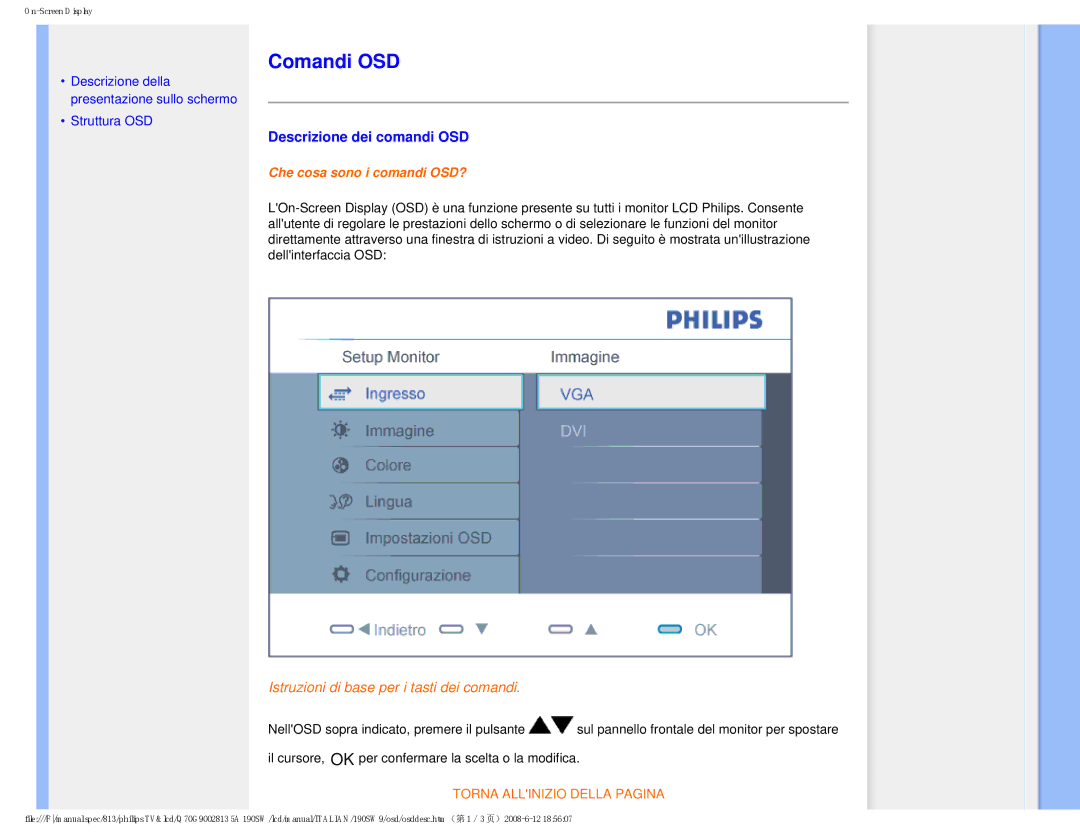 Philips 190SW9 user manual Comandi OSD, Descrizione dei comandi OSD 