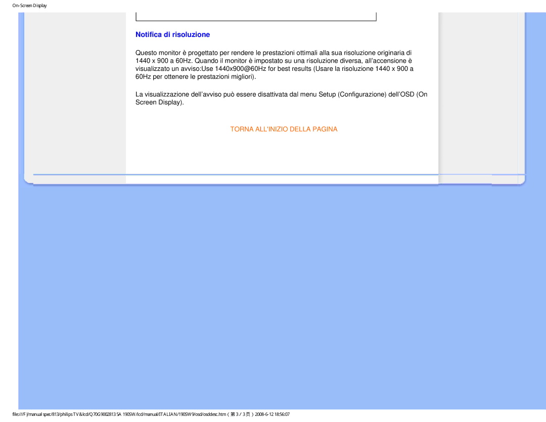Philips 190SW9 user manual Notifica di risoluzione 