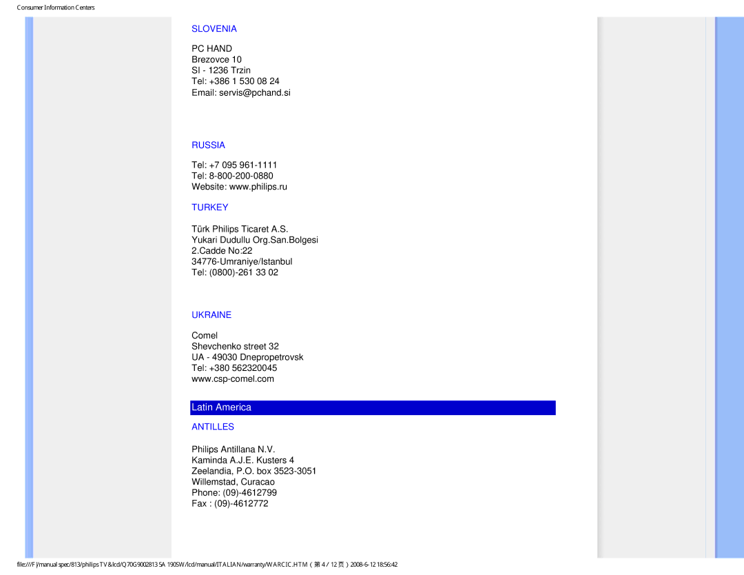 Philips 190SW9 user manual Slovenia, Russia, Turkey, Ukraine, Antilles 