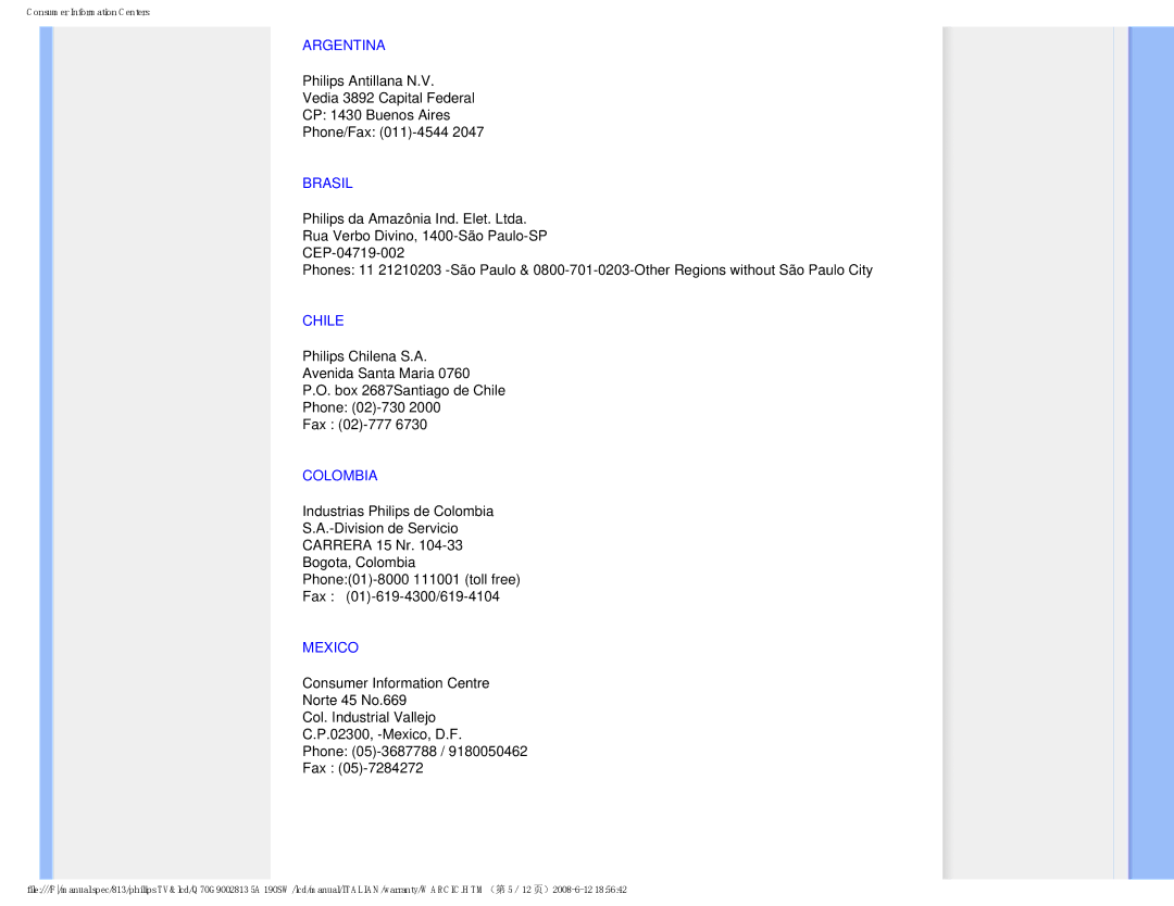 Philips 190SW9 user manual Argentina, Brasil, Chile, Colombia, Mexico 