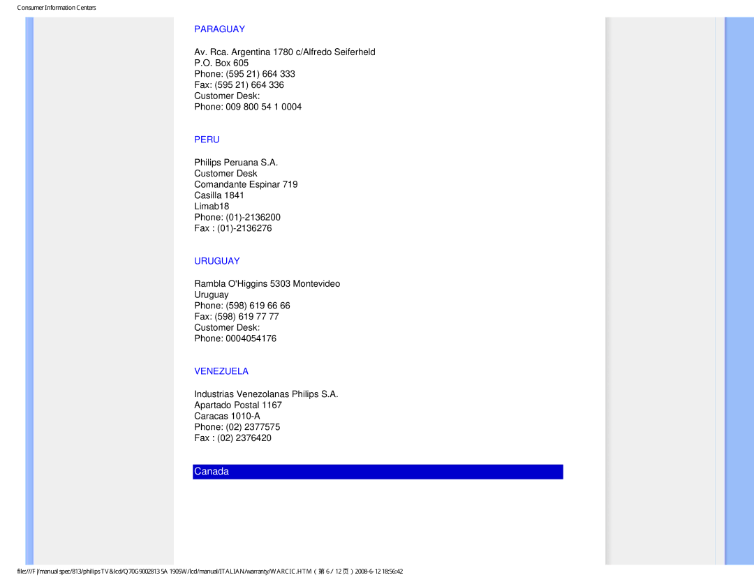 Philips 190SW9 user manual Paraguay, Peru, Uruguay, Venezuela 