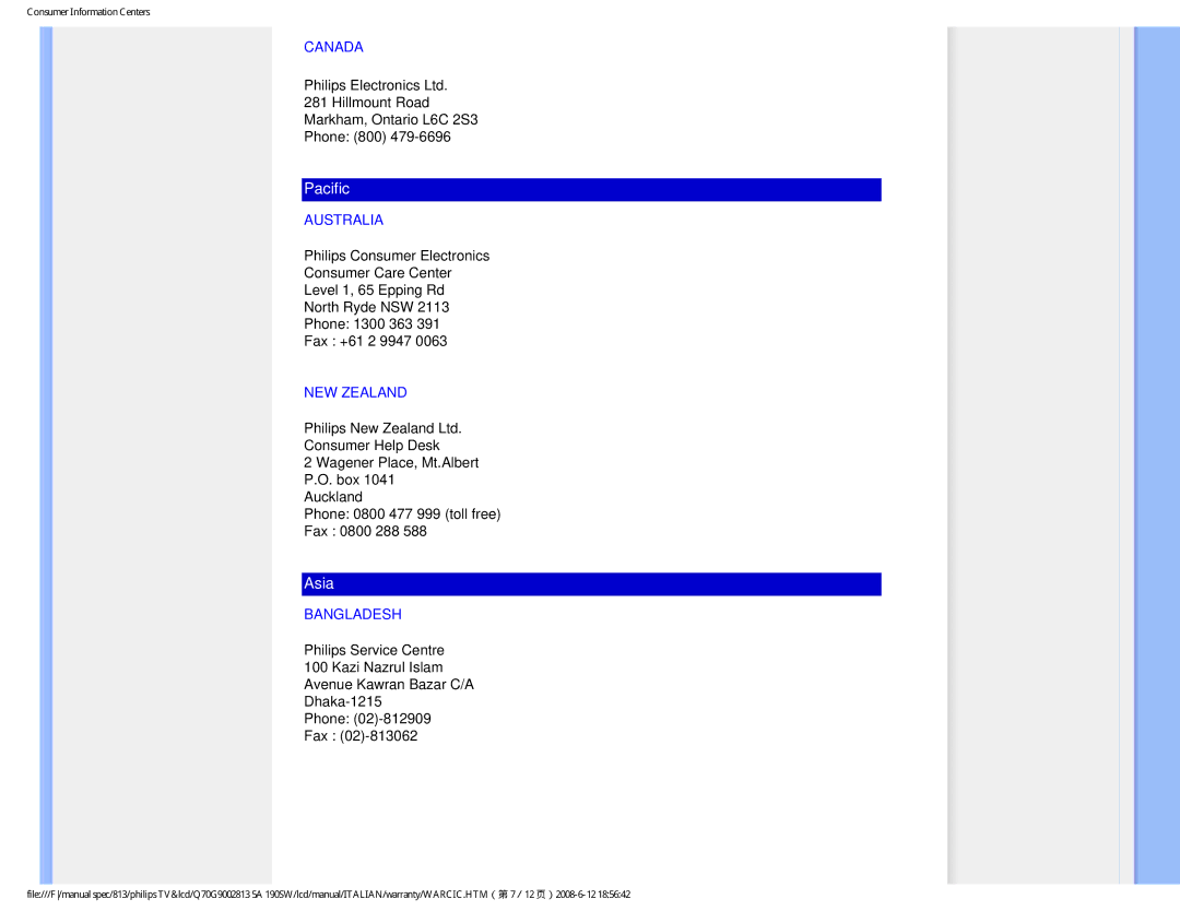 Philips 190SW9 user manual Canada, Australia, NEW Zealand, Bangladesh 