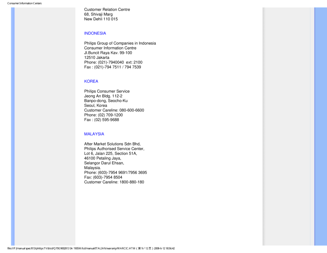 Philips 190SW9 user manual Indonesia, Korea, Malaysia 