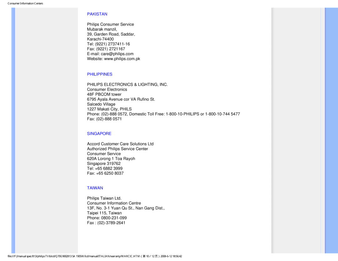 Philips 190SW9 user manual Pakistan, Philippines, Singapore, Taiwan 