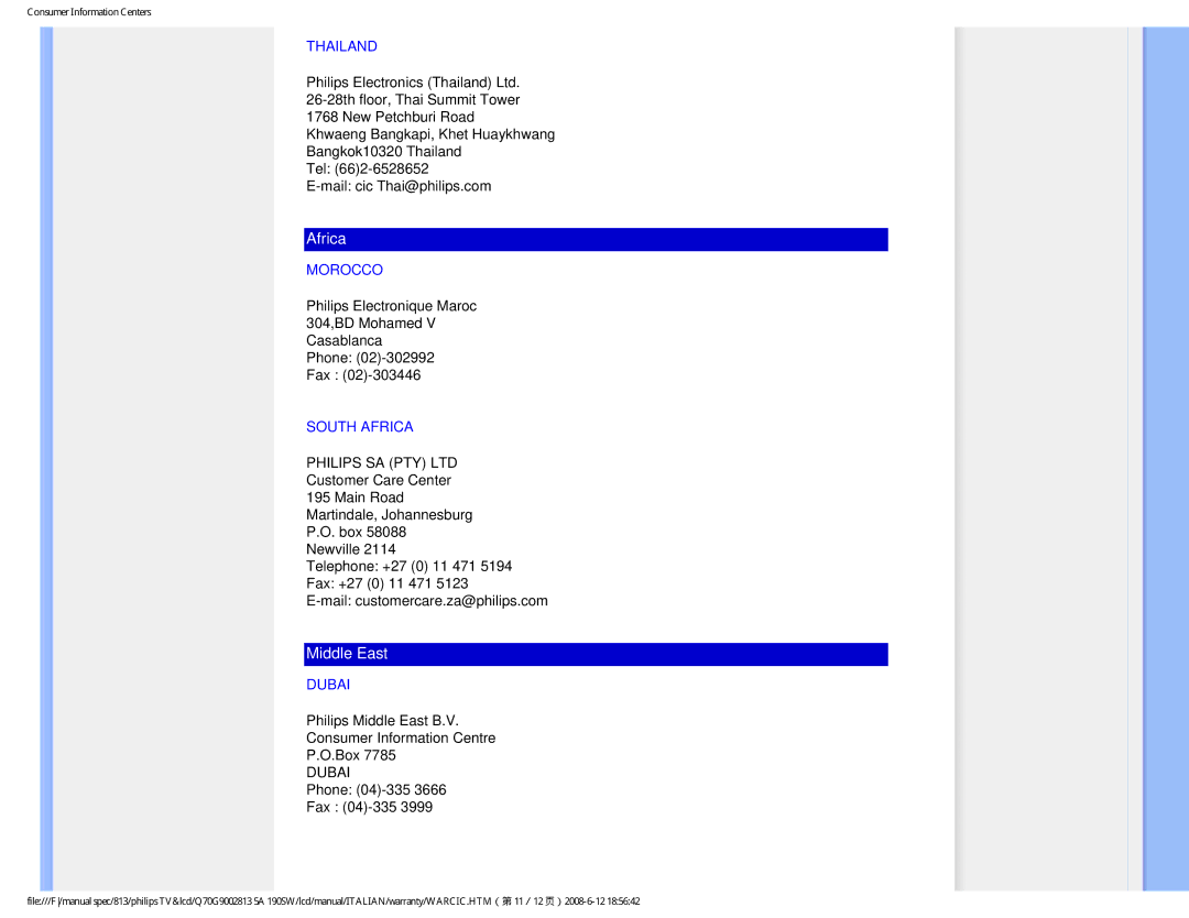 Philips 190SW9 user manual Thailand, Morocco, South Africa, Dubai 