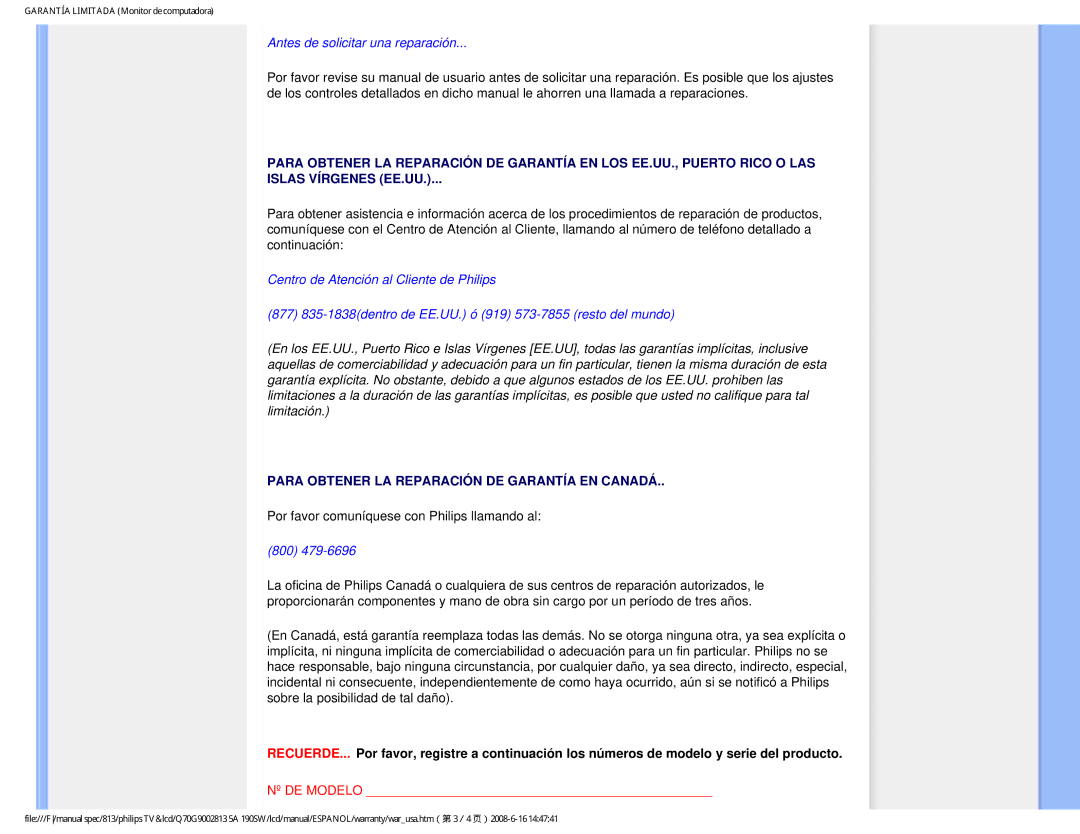 Philips 190SW9 user manual Para Obtener LA Reparación DE Garantía EN Canadá 