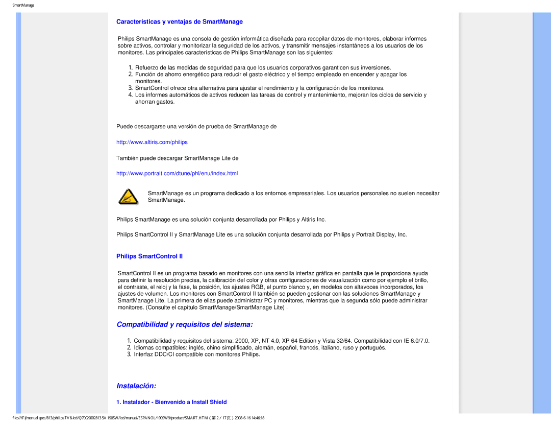 Philips 190SW9 user manual Características y ventajas de SmartManage, Instalador Bienvenido a Install Shield 