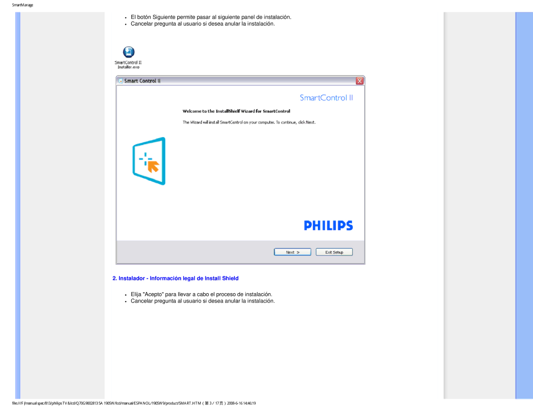 Philips 190SW9 user manual Instalador Información legal de Install Shield 