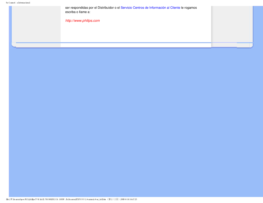 Philips 190SW9 user manual Su Garantía Internacional 