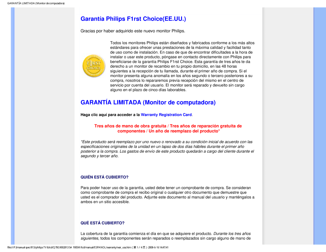Philips 190SW9 user manual Garantía Philips F1rst ChoiceEE.UU, Garantía Limitada Monitor de computadora 