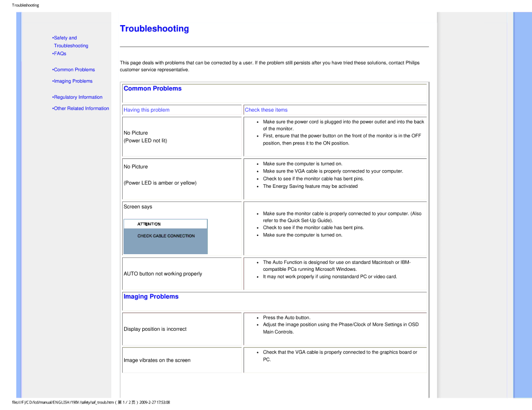 Philips 190V1SB/00 user manual Common Problems, Imaging Problems 