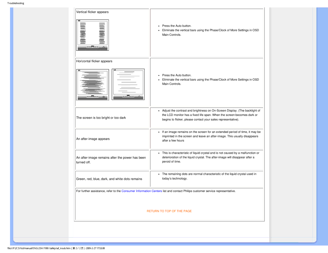 Philips 190V1SB/00 user manual Vertical flicker appears 