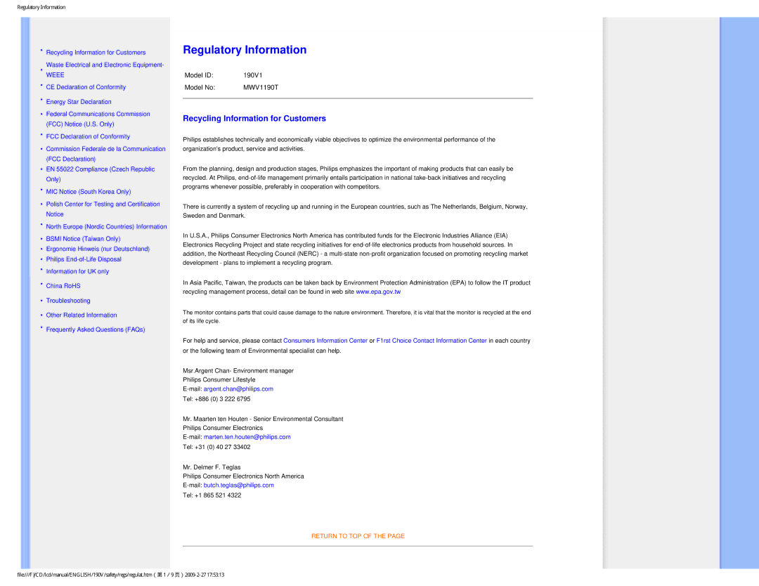 Philips 190V1SB/00 user manual Regulatory Information, Recycling Information for Customers 