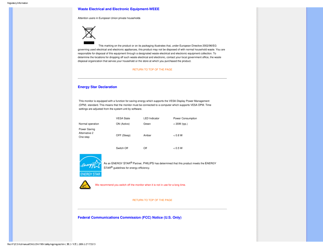 Philips 190V1SB/00 user manual Waste Electrical and Electronic Equipment-WEEE, Energy Star Declaration 