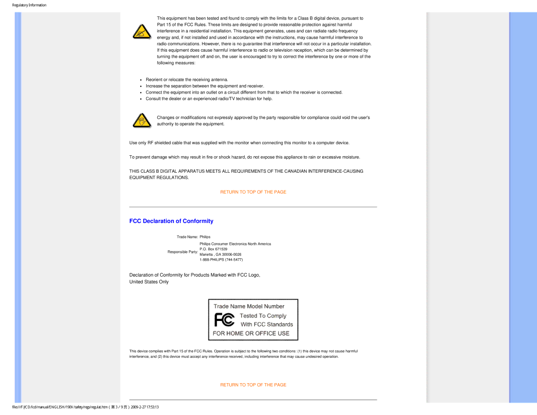 Philips 190V1SB/00 user manual FCC Declaration of Conformity 