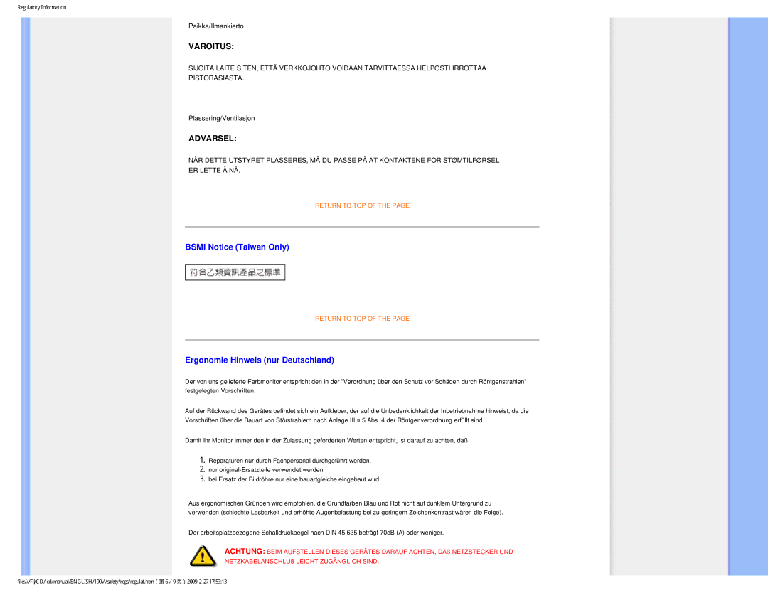 Philips 190V1SB/00 user manual Bsmi Notice Taiwan Only, Ergonomie Hinweis nur Deutschland 