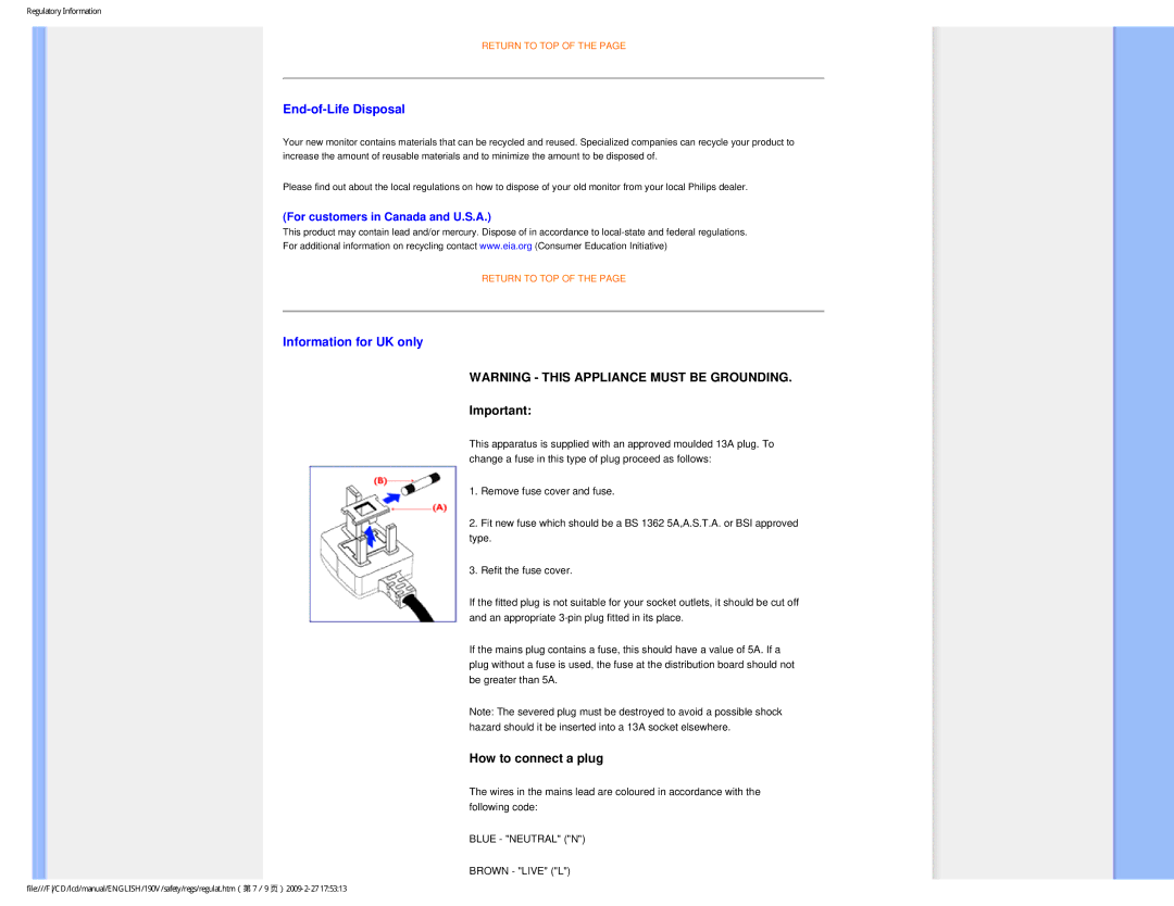 Philips 190V1SB/00 user manual End-of-Life Disposal, Information for UK only 