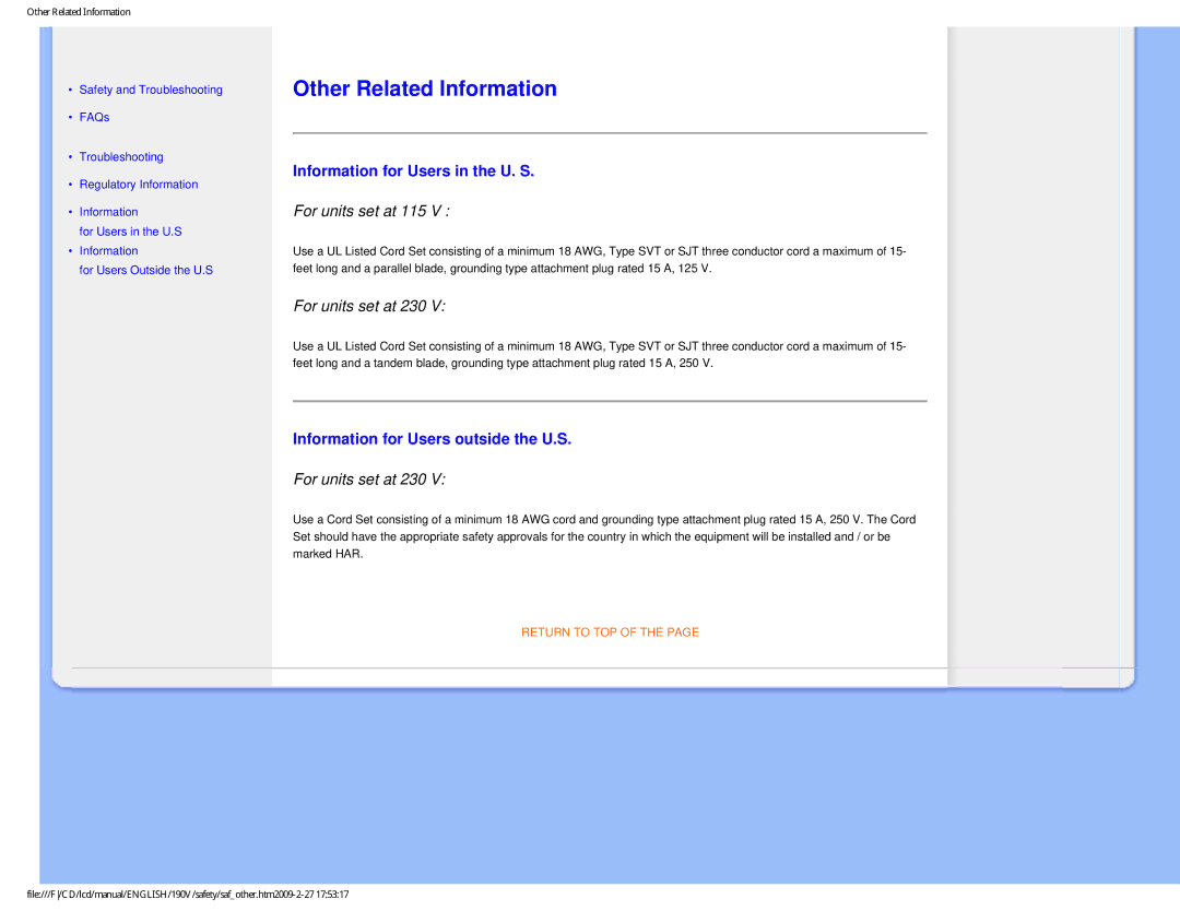 Philips 190V1SB/00 Other Related Information, Information for Users in the U. S, Information for Users outside the U.S 