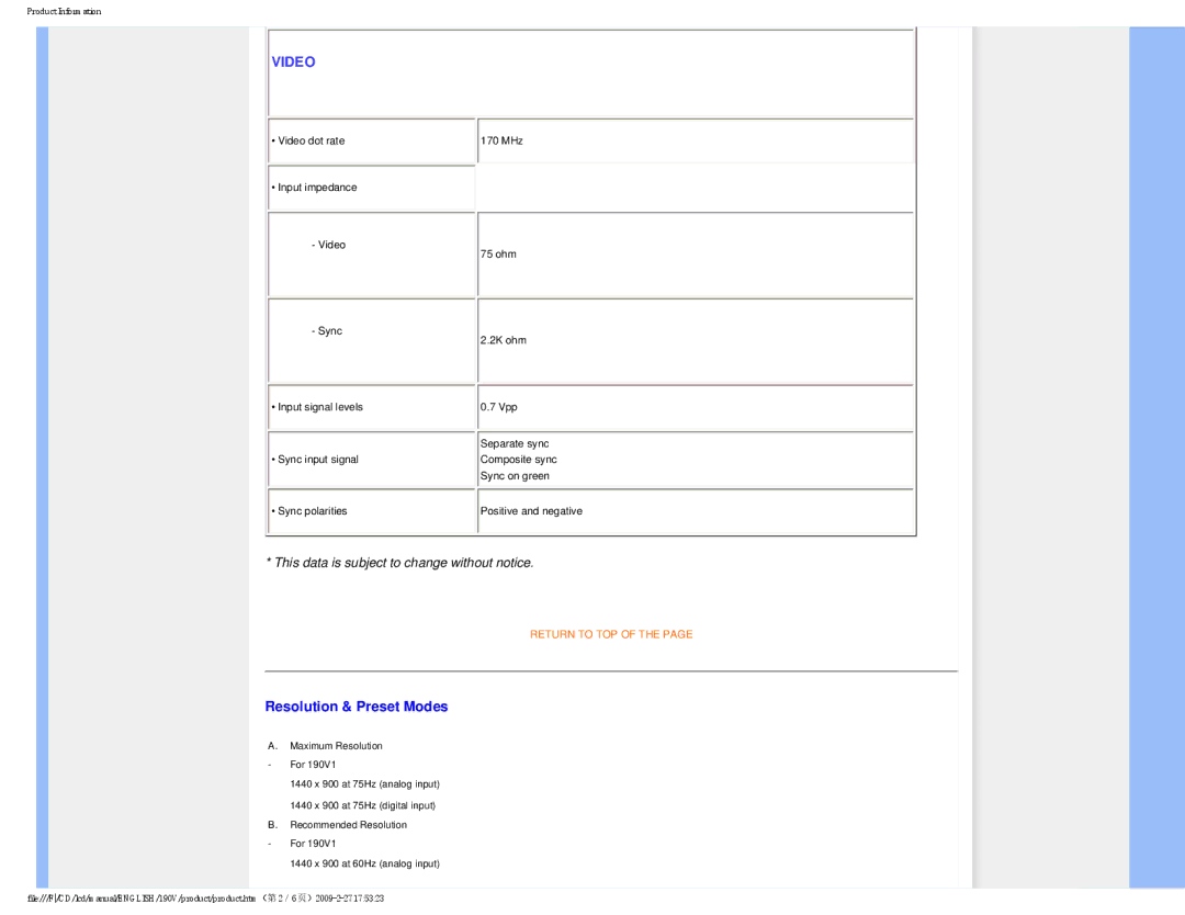 Philips 190V1SB/00 user manual Video, Resolution & Preset Modes 