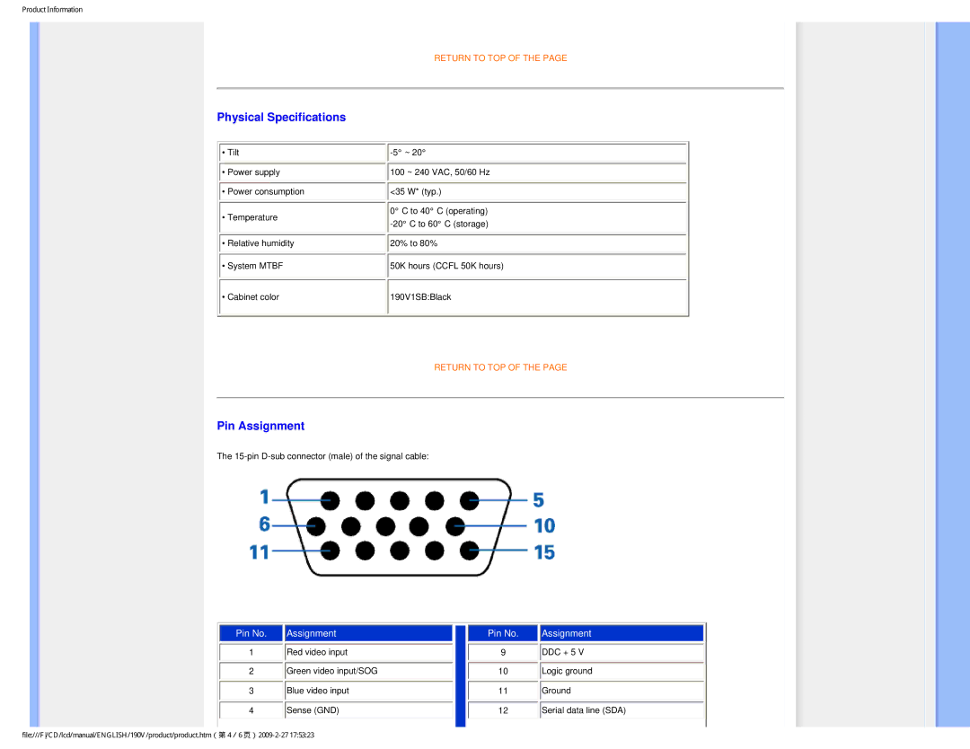 Philips 190V1SB/00 user manual Physical Specifications, Pin Assignment 