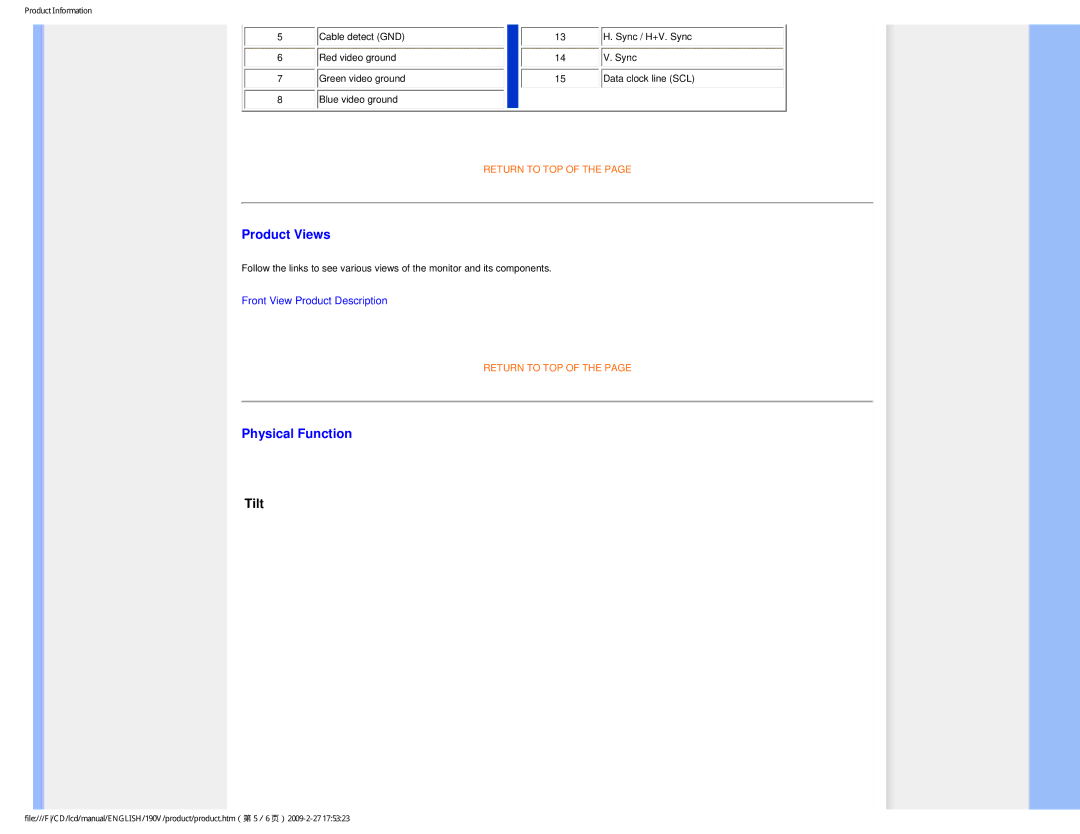 Philips 190V1SB/00 user manual Product Views, Physical Function 