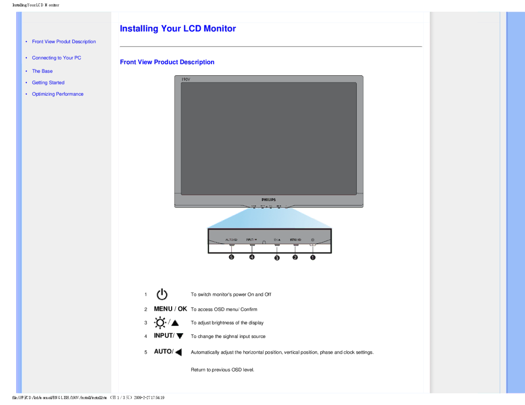 Philips 190V1SB/00 user manual Installing Your LCD Monitor, Front View Product Description 