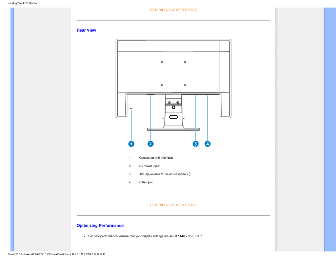 Philips 190V1SB/00 user manual Rear View, Optimizing Performance 